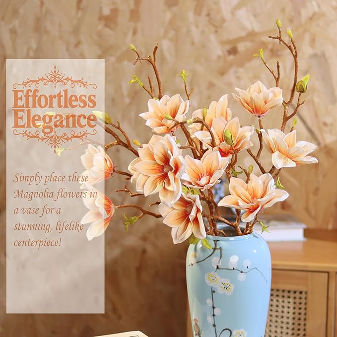 3pcs Artificial Magnolia Flower Branches, 31 Inch Long Stem Faux Floral, Premium Faux Bloom for Home Decor, Centerpieces, and Wedding Arrangements, Champagne