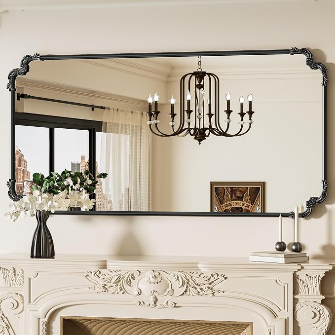 TETOTE Vintage Antique Black Rectangle Mirror for Mantle Fireplace 60 x 30 Traditional Baroque Ornate Scroll Wall Mirror with Metal Frame for Living Room Bedroom, Horizontal/Vertical
