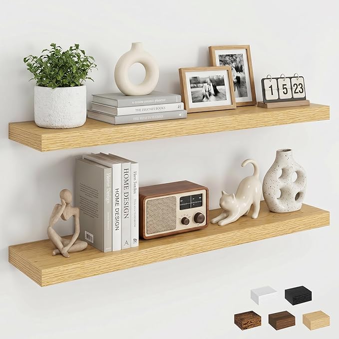 Dreamland 32inch Floating Shelves for Wall, Rustic Oak Floating Shelves for Bathroom|Bedroom|Kitchen, Deep Wall Mounted Book Shelf, Wood Storage Display Shelf for Home Decor, Set of 2