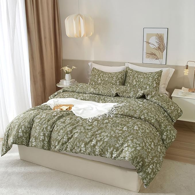 EAVD Vintage Style Garden Olive Green Floral Duvet Cover Full Soft Cotton Chic Shabby Cute Floral Bedding Set with 2 Pillowcases Fresh Reversible Botanical Duvet Cover with Zipper Closure