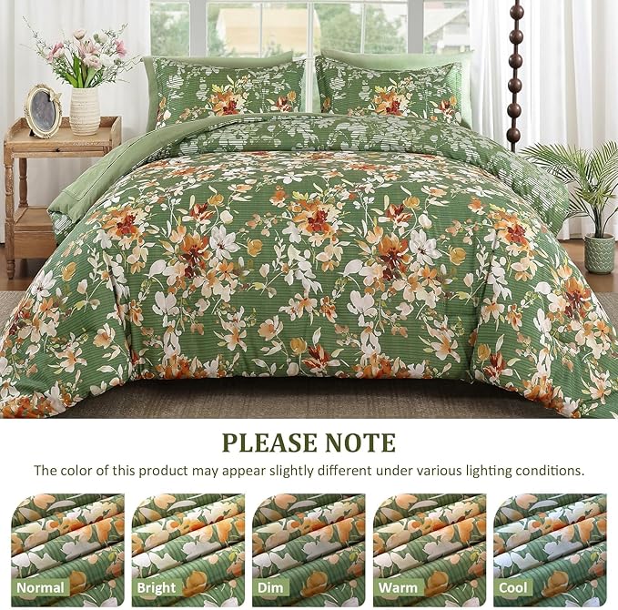 Dobuyly Queen Comforter Set, 7 Pieces Green Floral Comforter Set, Bed in a Bag Queen with Botanical Flowers Pattern, All Season Farmhouse Queen Size Bedding Set with Sheets, Pillowcases & Shams