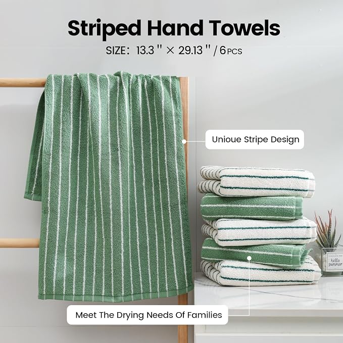 Green Stripe Towels Set of 6，Ultra-Absorbent & Quick-Drying Bathroom Hand Towels 100% Cotton Face Towels, Soft Hand Towels for Bathroom，13” x 29”