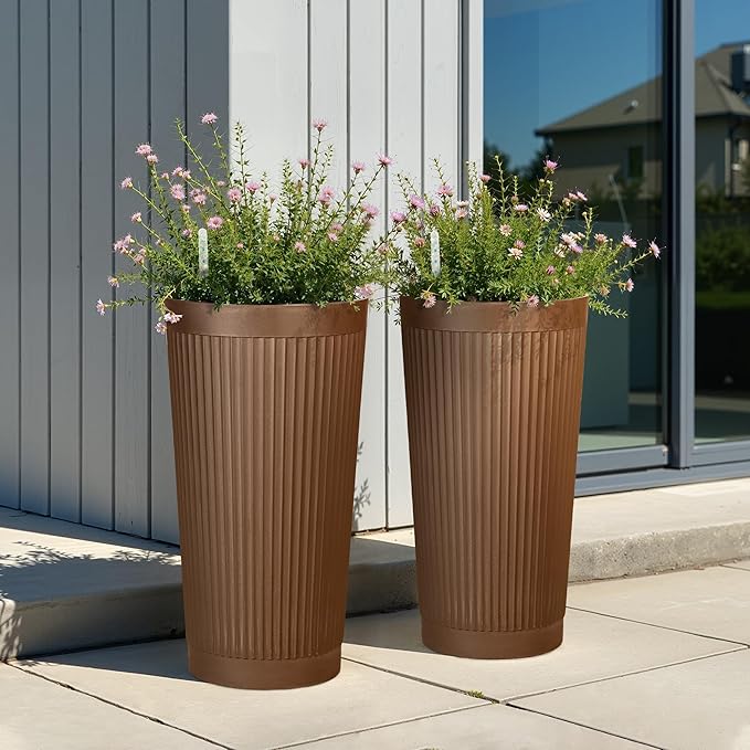 Set of 2 Tall Self-Watering Planters, 24" Large Planters with Water Level Indicator for Indoor & Outdoor Plants, Modern Planters for Garden, Patio, Balcony, Porch, Terracotta