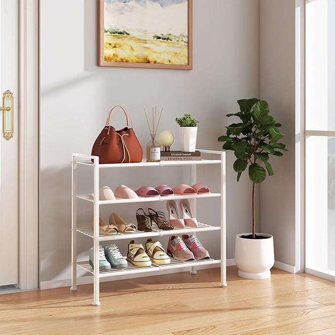 DongRong 4-Tier Shoe Rack,Metal White Shoe Storage Organizer Shelf for Closet,Entryway,Hallway,Dorm (White, 4 Tier)