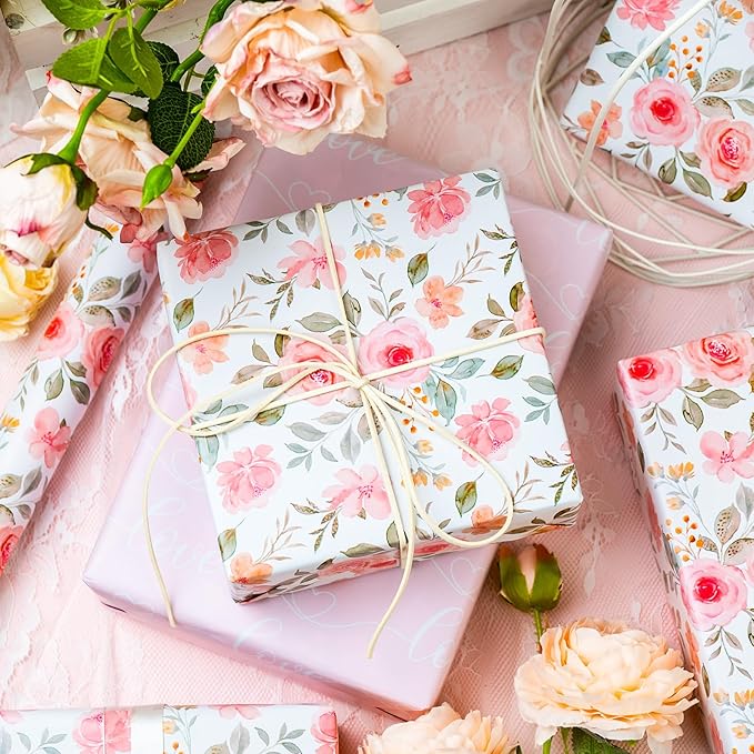 Yarcony Pink Floral Wrapping Paper Roll, Reversible Wedding Wrapping Paper, Watercolor Rose Print Flower Gift Wrap for Birthday, Valentine's Day,Mother's Day,Birdal Shower,Engagement(17Inch x 16.5Ft)