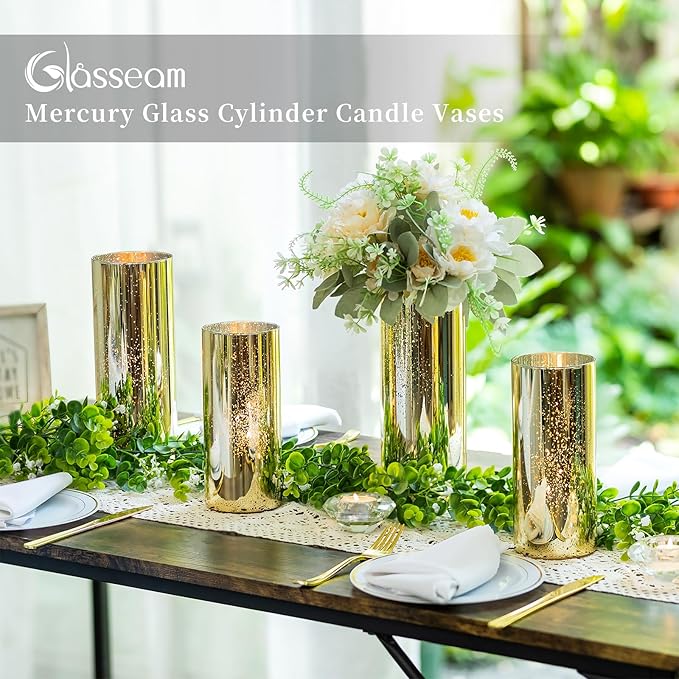 Glasseam Gold Cylinder Vases for Centerpieces: 6 Modern Mercury Hurricane Glass Vase Set for Flowers - Decorative Golden Pillar Candle Holders for Wedding Party Dining Room Table Decor