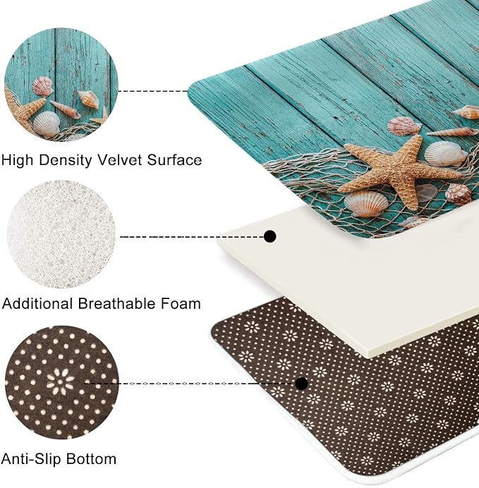 Britimes Bath Mat for Bathroom, Beach Seashells Starfish Sand Washable Cover Floor Rug Carpets Floor Mat Bathroom Decorations 18x30 Inches for Kitchen Bedroom Indoor