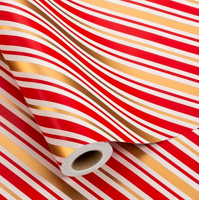 MAYPLUSS Christmas Stripe Wrapping Paper Roll - 17 Inch X 33 Feet - Classic Red Candy with Gold Diagonal Stripes Winter Holiday Gift Wrap for Weddings Birthday Party Showers and Scrapbooking