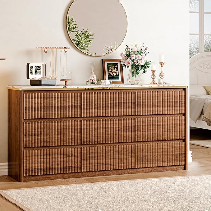 Fluted Dresser for Bedroom with 9 Drawers,62.99" Modern Chest of Drawers with Faux Marble Top, Curved Profile Design,Dresser TV Stand, Wood Drawer Organizer for Living Room, Hallway, Brown