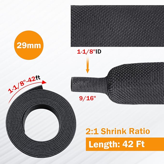 FOURUB 50% Woven Wire Loom Heat Shrink Braided Sleeving Shrinkable Fabric Cable Sleeve Braid Hose Covering Protection for Automotive Wire/Harness/Sheath(1-1/8"-42ft)