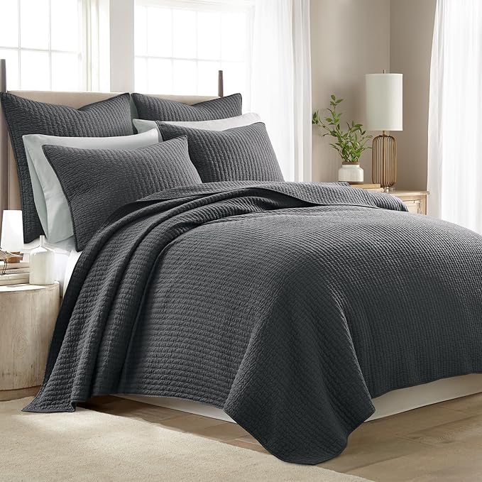 Levtex Home Cross Stitch Reversible Twin XL/Twin Quilt Set (68x86in) and 1 Pillow Sham (26x20in) - Stitch Texture - Charcoal - 0 Cotton Twin/Twin Size Quilt Bedding Set - Lightweight Soft Pre-Washed