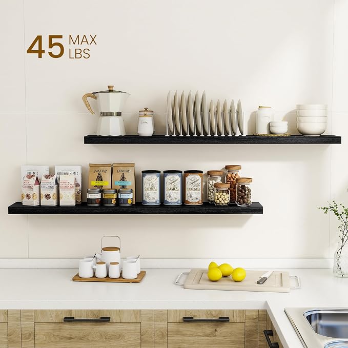 Dreamland 48Inch Floating Shelves for Wall, Rustic Wooden Black Floating Shelves for Living Room, Kitchen, Farmhouse, Deep Wall Mounted Book Shelf, Wood Storage Display Shelf for Home Decor, Set of 2