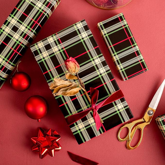 MAYPLUSS Wrapping Paper Roll 17in* 32.8 feet Black and Green Plaid with Red Line for Christmas,Birthday,Party,Holiday,Vintage Wrapping Paper for all Occassions (TTL:46.8sqft)