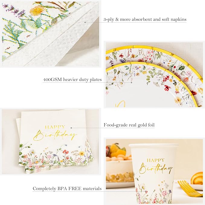 Crisky Wildflower Birthday Plates and Napkins set Women/Men Floral Disposable Tableware Set of 24 for Birthday Party Decorations (Plates, Napkin, Cups, Tablecloth, Knife & Fork)
