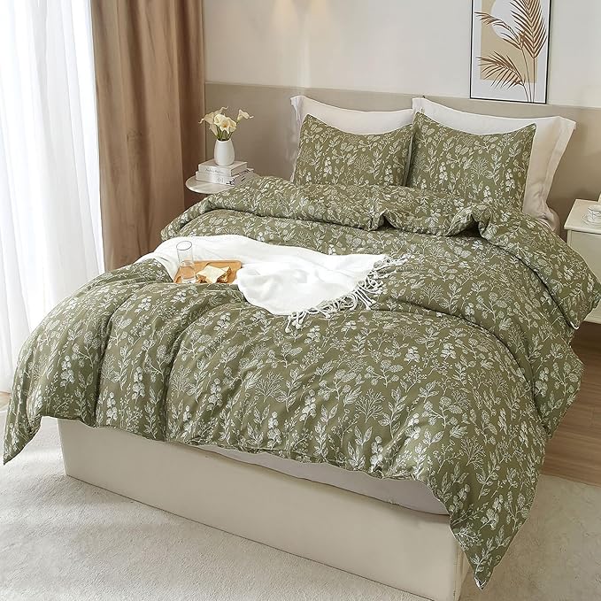 HighBuy Garden Floral Duvet Cover Twin XL Olive Green Botanical Cottagecore Bedding Comforter Cover for Twin XL Bed 3 Piece Cute Flower Bedding Set Easy Fit for Daughter Son Bedroom