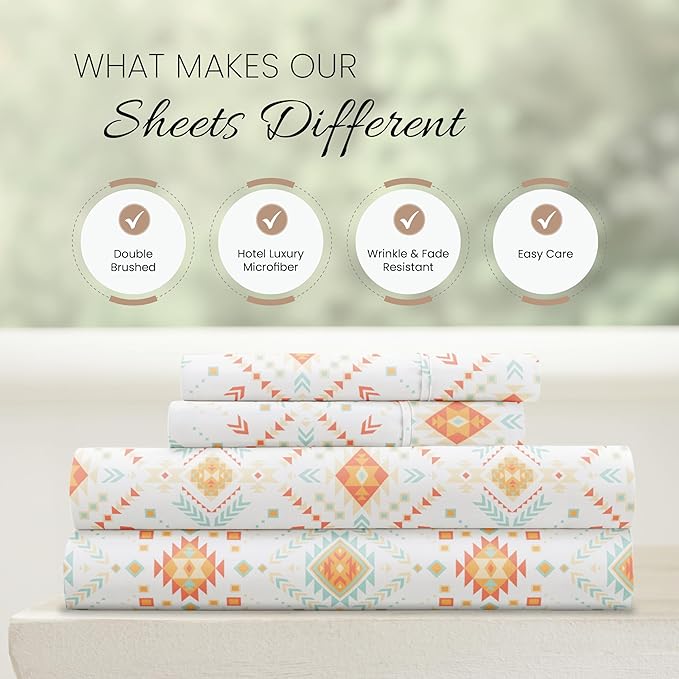 Linen Market Patterned Microfiber King Sheet Set 4 Piece – Oeko-TEX Certified Ultra Soft & Wrinkle-Free - 16" Deep Pocket Sheets - Easy Care King Size - Aztec Dreams Coral