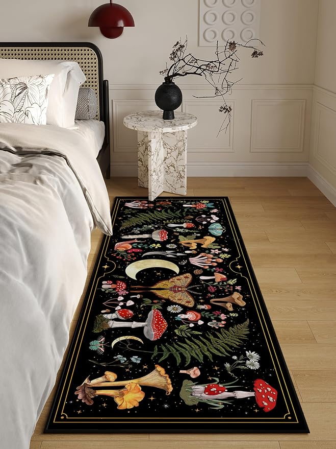 Mushroom Runner Rug for Hallways, Black Kitchen Runner Rug Non Slip 2'x 6', Washable Runner Rugs with Rubber Backing, Soft Witchy Carpet Runner for Hallways Kitchen Laundry Bedroom Bathroom