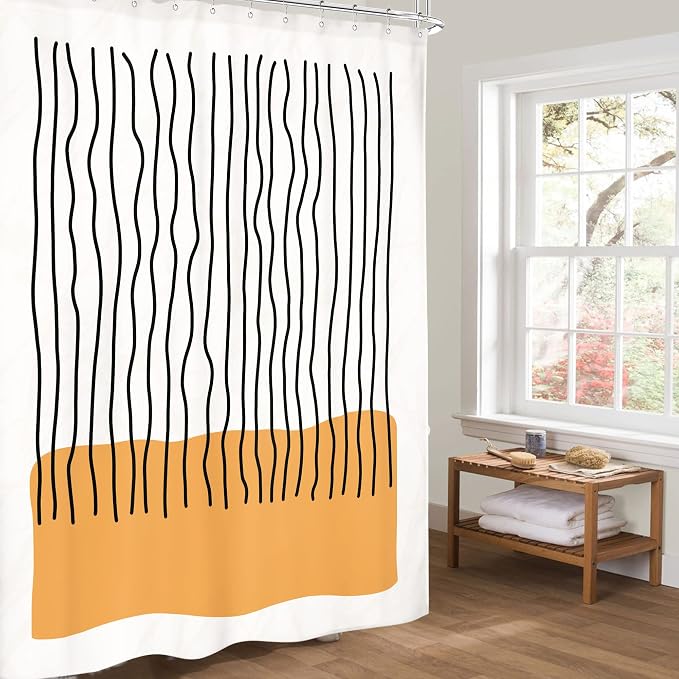Riyidecor Abstract Mid Century Shower Curtain Modern Minimalist Vertical Stripe and Orange Block 60Wx72H Inch Black Line Colorful Art Painting Fabric Decor Bathroom Polyester Waterproof 12 Pack Hooks