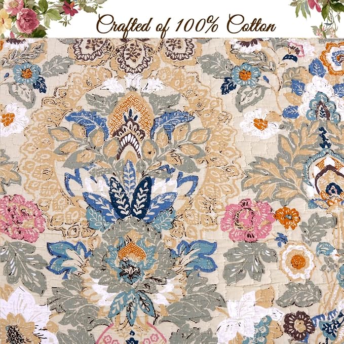 Cozy Line Home Fashions Luxury Classic Bedding Quilt Set, 100% Cotton Beige Blue Floral Pink Flower Bohemian Style Reversible Bedspread Coverlet (Art Painting, Queen - 3 Piece)