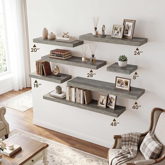RICHFOCUS 8 Inch Floating Shelves for Wall Small Square Shelves Set for Bedroom|Kitchen|Bathroom|Laundry Room Rustic Wood Wall Mounted Shelf with Invisible Brackets for Books|Storage|Decor, Grey
