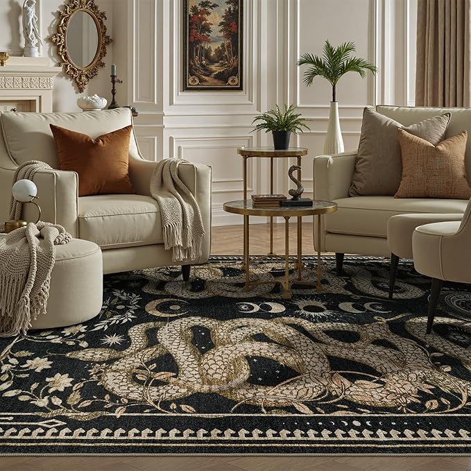 DCX Washable 4x6 Snake Rug, Black Gothic Rug for Living Room, Soft Low Pile Carpet, Kid & Pet Friendly with Rubber Back Non Slip, Stain Resistant Rug for Bedroom Dining Room Office