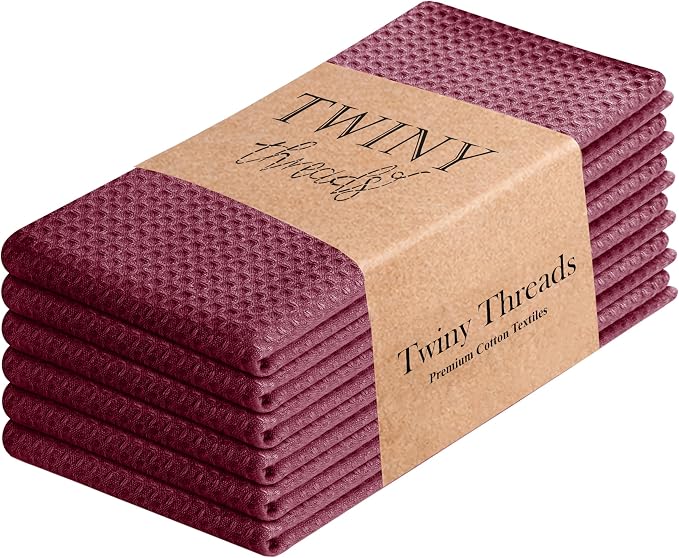 TWINY threads Kitchen Towels Set of 6, 100% Cotton Waffle Weave Easter Dish Towels, Soft Tea Towels with Hanging Loop, Washable Bar Towels for Table Cleaning, Dinning, Parties- 16"X 26"-Burgundy Wine