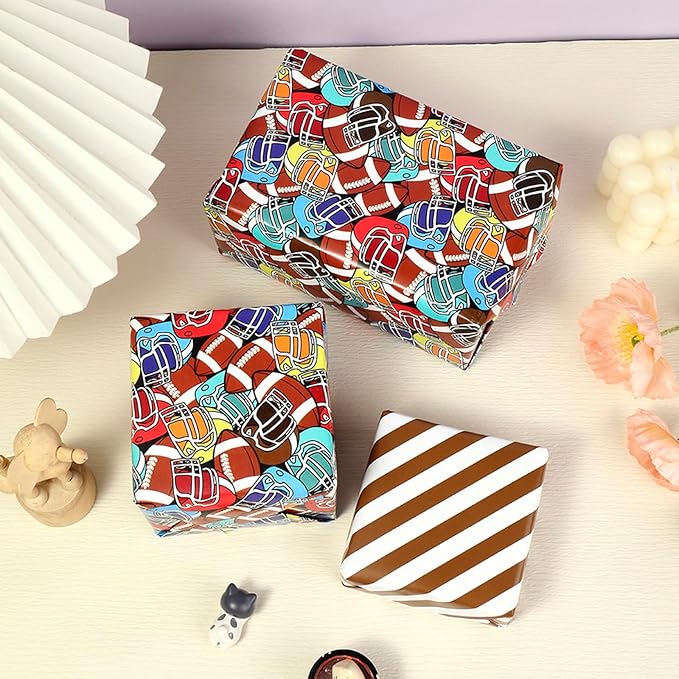 LDGOOAEL Mini Short Birthday Wrapping Paper Roll - Reversible Design (17 inches X 32.8 feet) - Football Patterns for Kids, Boys