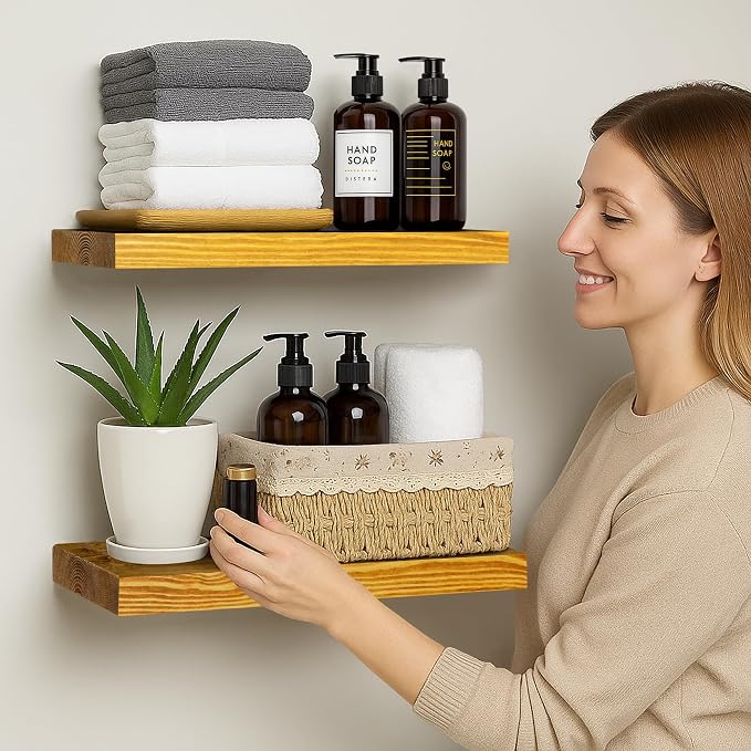 BGMG Wood Floating Shelves for Wall 16 Inch Set of 2, Rustic Wooden Wall Mount Shelves for Living Room Bedroom Kitchen Farmhouse - 16x6.7x1.25 Inch - Gold Oak