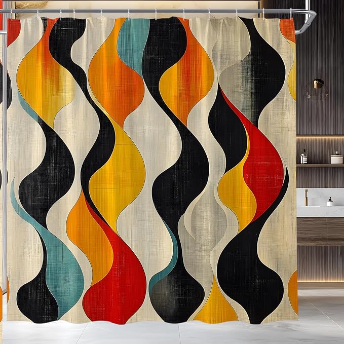 Mid Century Shower Curtain Boho Minimalist Modern Abstract Aesthetic Geometric Striped Atomic Retro Earthy Fabric Bathroom Decor Set with Hooks(59" Wx70 H)