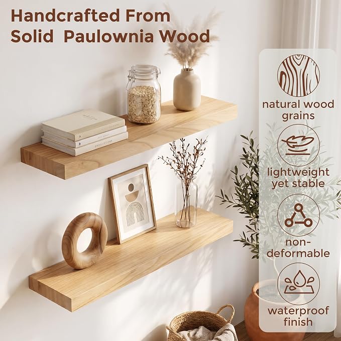 fuqing Natural Wood Floating Shelves | 24 Inch Floating Shelves for Wall Set of 2 | 24" W x 6.7" D x 1.4" H Natural Wooden Shelves for Bathroom Living Room Bedroom Kitchen