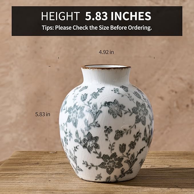 SIDUCAL Ceramic Vintage Vase, 5.83 Inch Retro Ice Cracked Chinoiserie Floral Vase, Rustic Farmhouse Vases for Home Decor, Bookshelf, Garden, Chinoiserie Decor, Tuscan Decor, Gray Floral Pattern