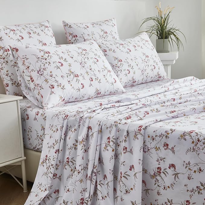 FADFAY Floral Sheets Set Twin XL Rustic Pink Floral College Bedding Ditsy Botanical Dorm Sheets Vintage Branches Bedding 100% Egyptian Cotton Sets with Deep Pocket Fitted Sheet 4Pcs, Twin XL Size