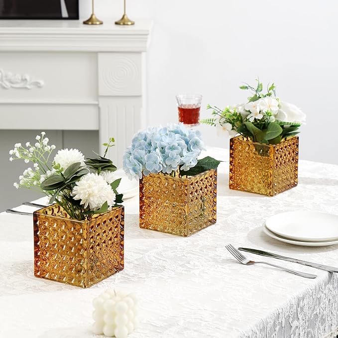 Square Vases Set of 6, 5" x 5" x 5" Square Glass Vases for Flowers, Amber Flower Vase for Centerpieces, Small Bubble Vase for Wedding, Party, Home, Office, Parties, Events