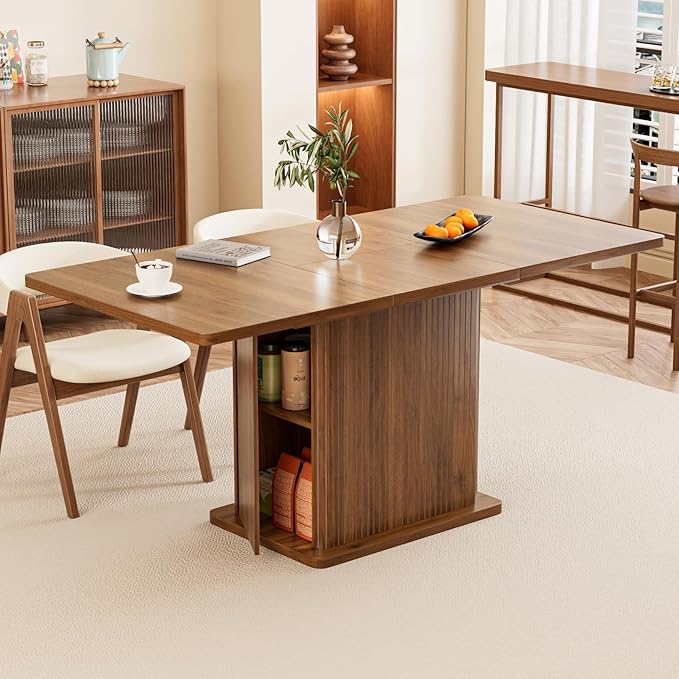 Extendable Kitchen Dining Table for 4-6, 47-65 Inch Rectangle Dining Room Table with 2 Doors, Large Storage, Mid Century Modern Dinner Furniture, Living Room, Space Saving, Square, Fluted, Walnut