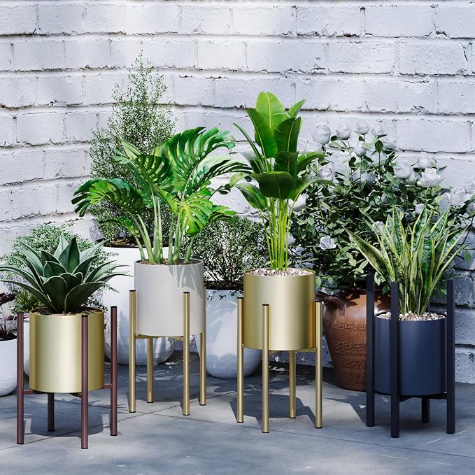 Adjustable Metal Plant Stand Indoor, Fits 8-14 Inch Pots, Mid Century Modern Planter Holder,2 Heights, Heavy Duty 160 lb, Indoor Outdoor Corner Floor Pot Stand, Coffee with Round Plate