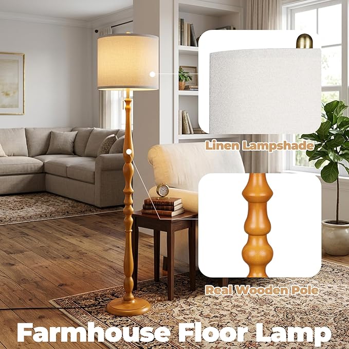 LALISU Wood Floor Lamp for Living Room,Farmhouse Standing Lamp with Remote & Dimmable 9W Bulb, Mid Century Standing Tall Lamps for Bedroom Corner Floor Lamps for Nursery, Office, Reading (Rosewood)