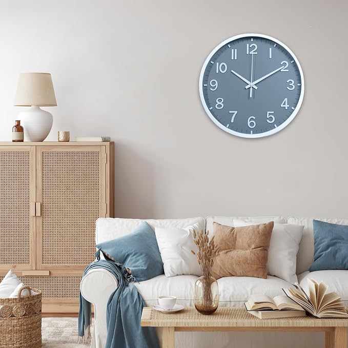 Wall Clocks Battery Operated 12 inch Modern Wall Clock,Silent Non Ticking Wall Clock for Living Room Bedroom Kitchen Office Classroom Decor (Gray White)