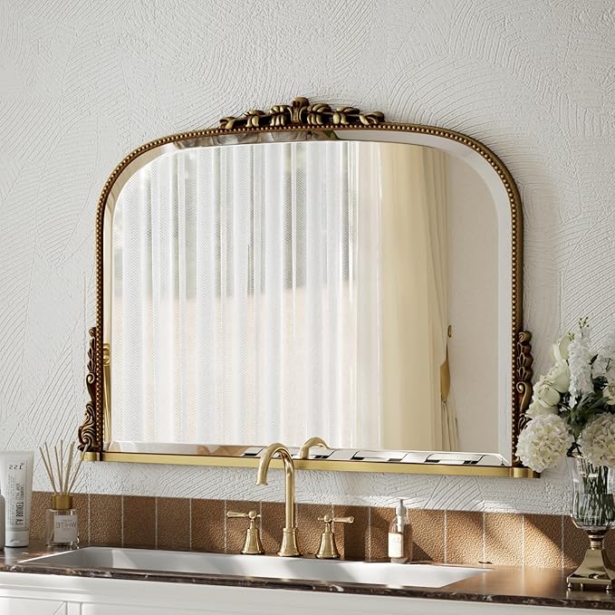 Wall Beaded Mirror, 36 x 27 Inch Round Top Right Angle Wall Mirror, Tempered Glass, Rust Resistant, Horizontally or Vertically Hanging, Gold