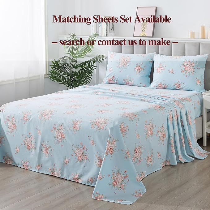 FADFAY Duvet Cover Set Queen Blue Rose Floral Bedding Rustic Peony Flower Comforter Cover Set Vintage Farmhouse Bedding 100% Cotton Ultra Soft Quilt Cover with Hidden Zipper Closure 3Pcs, Queen Size