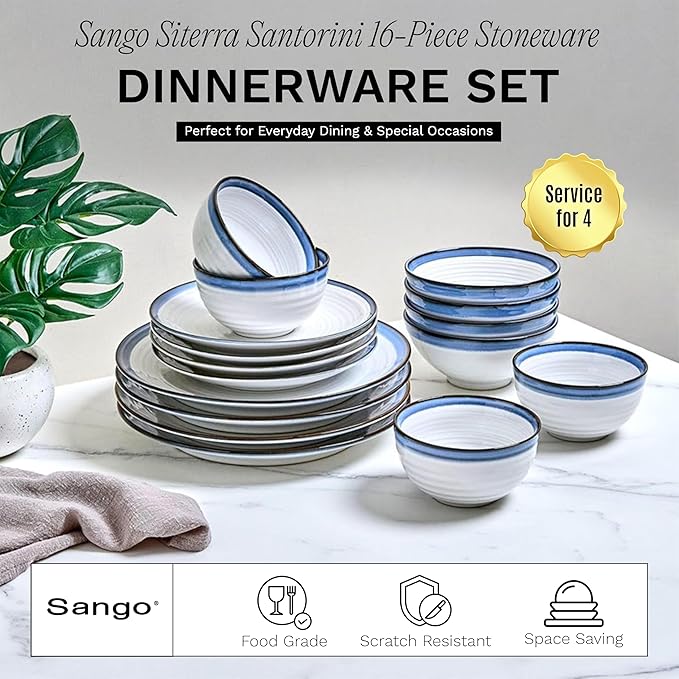 Sango Siterra Santorini 16-Piece Stoneware Dinnerware Set for 4, Ceramic White Plates and Bowls Sets with Blue Rim & Reactive Glaze, Chip Resistant Dish Set, Microwave & Dishwasher Safe Kitchen Dishes