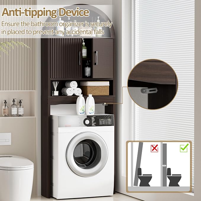 Spurgehom Over The Toilet Storage Cabinet, Bathroom Shelf Organizer Freestanding, Bathroom Arch Cabinet Over Toilet with Toilet Paper Holder and Anti-Tipping Device (Narrow Style-Coffee)