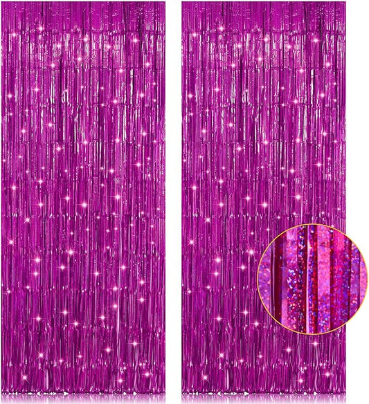 2 Pack 3.2ft x 8.2ft Hot Pink Metallic Tinsel Foil Fringe Curtains, Photo Booth Backdrop Door Curtains Party Streamers for Wedding Birthday Baby Shower Bachelorette Holiday Party Decorations