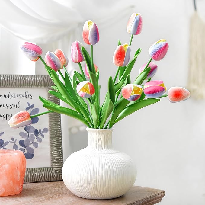 FiveSeasonStuff Real Touch Pastel Rainbow Gradient Tulips – 15 Stems Artificial Flowers with Multicolor Petals for Bouquets, Centerpieces, Home Decor, Spring & All-Season Arrangements