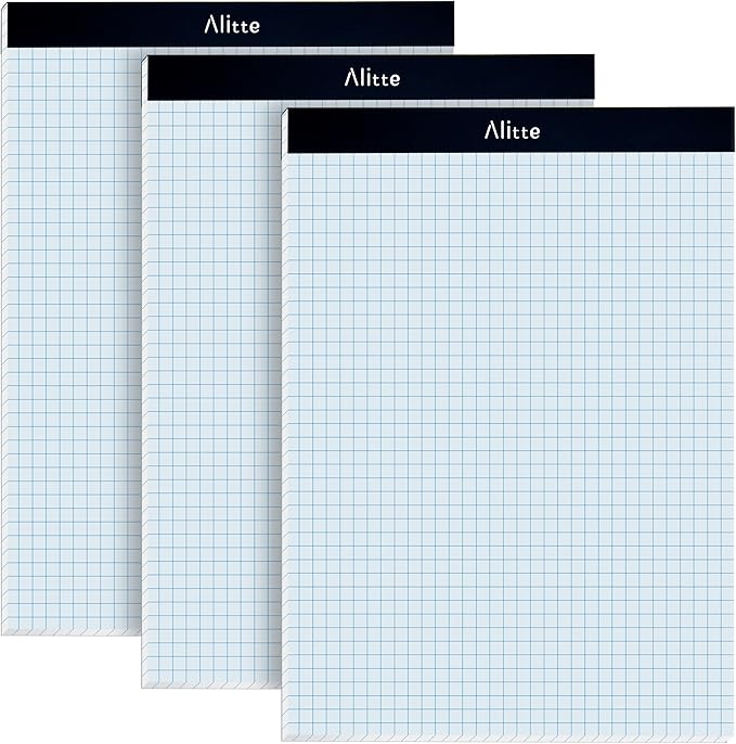 Alitte Graph Paper Pad, Pack of 3, White Letter Size - 4x4 Quad Grid Paper, With Blue Lines - Easy-Tear Perforations, 11x8.5 Cardboard Backing - Graph Notepads for School, Office -50 Sheets per Pad