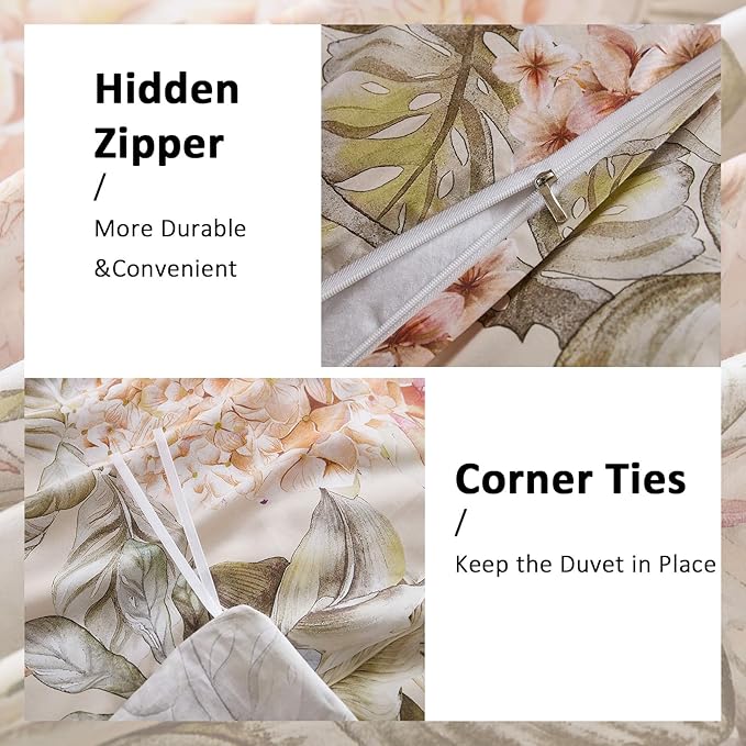100% Cotton Duvet Cover King Size – Hydrangea Lily Floral Duvet Cover Set with Zipper Closure & Corner Ties, 3-Piece Silky Soft & Breathable Apricot Bedding Set for All Seasons