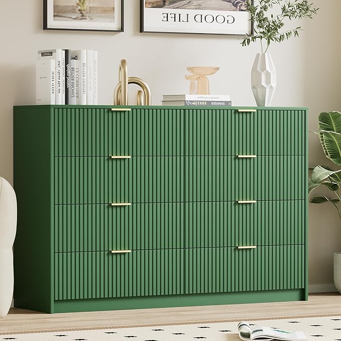 Green Dresser for Bedroom, Modern Dresser with 8 Drawers and Smooth Slides, Wide Chest of Drawers with Golden Handles for Bedroom, Closet, 15.7" D x 55" W x 37.4" H