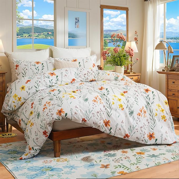 Floral Duvet Cover Queen Size, 100% Nature Cotton 3 Pcs Garden Floral Aesthetic Bedding Set with Zipper Closure Ultra Soft&Breathable Cottagecore Botanical Duvet Cover Set