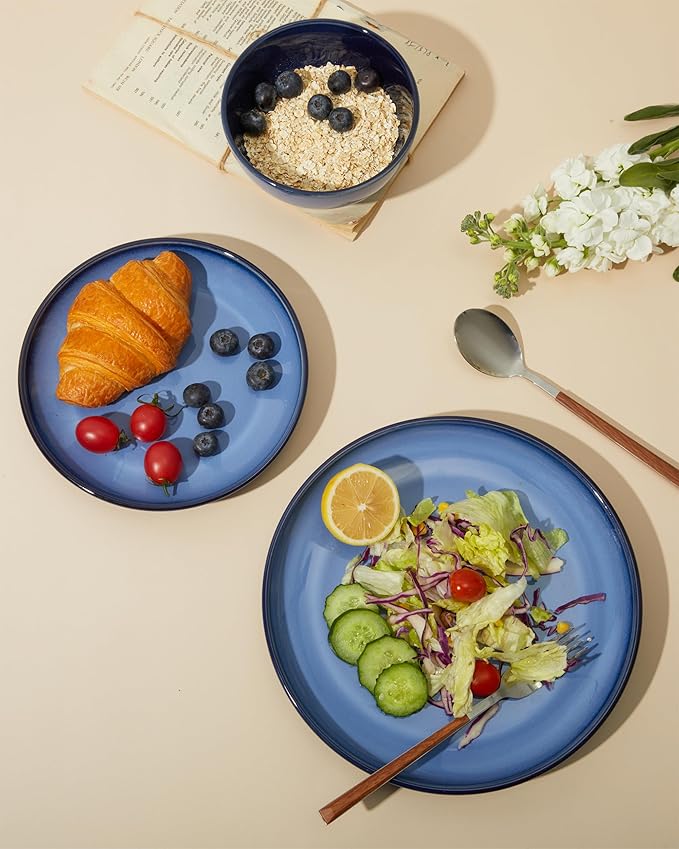 Pokini Stoneware Dinnerware Sets, Ceramic Plates and Bowls Set, Microwave & Dishwasher Safe Kitchen Dish Set, Modern Dinner Plates | Salad Plate | Cereal Bowls for 4, Dishware Sets Blue