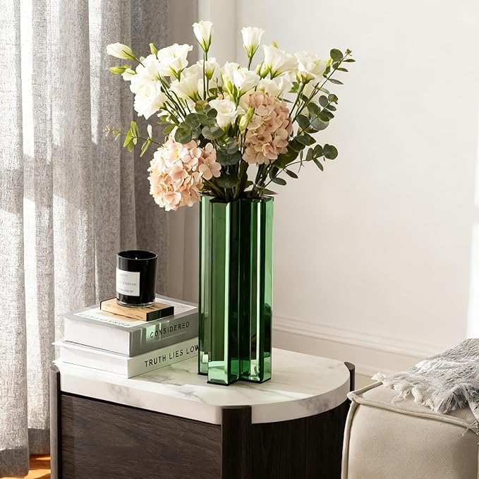 SHYFOY Green Mirrored Vase - 12 Inch Tall Cross-Shaped Decorative Glass Flower Vases for Home Decor, Living Room Table Kitchen Fireplace Decor - Can’t Hold Water