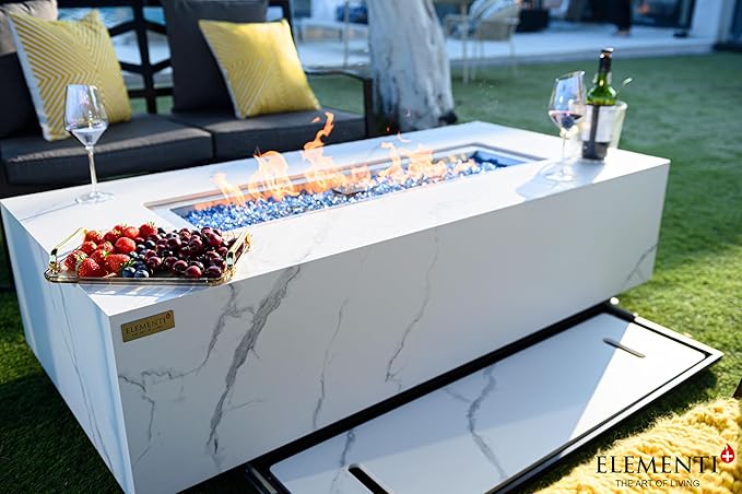 Elementi+ | Bundle Carrara Gas Fire Pit | Marble Porcelain & Metal Frame | 60" Rectangular Fire Table | Electronic Ignition | Canvas Cover, Fire Glass & Burner Lid Included | White | Natural Gas